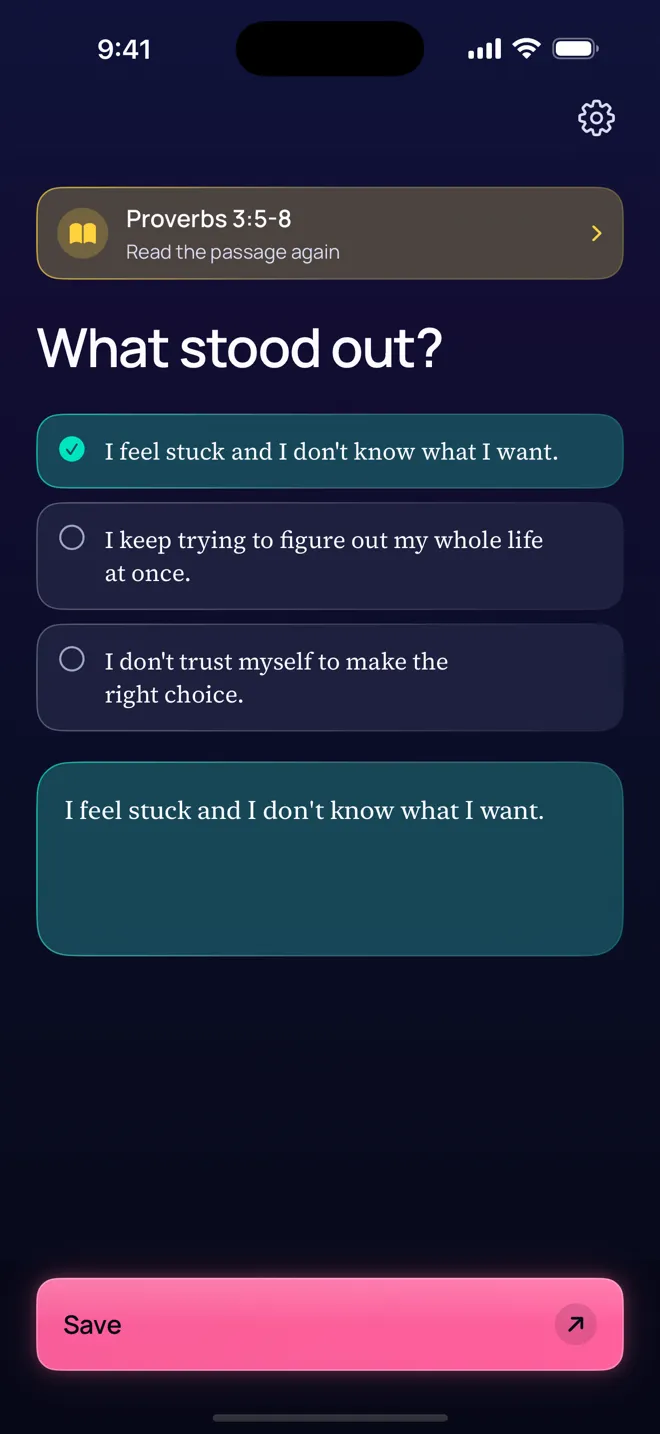 The reflection screen asks “What stood out?” with three suggested answers and space to write your own.