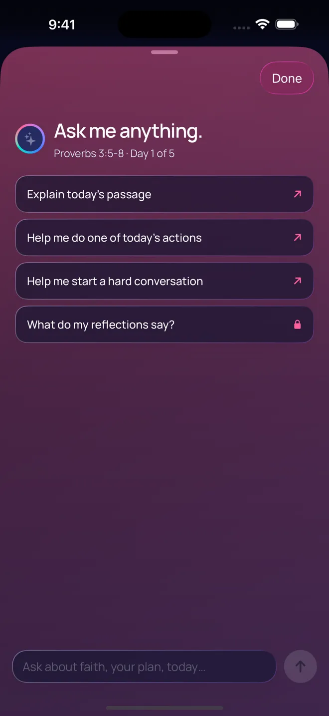 Ask in Faithlify, with suggested questions about today's passage and actions.